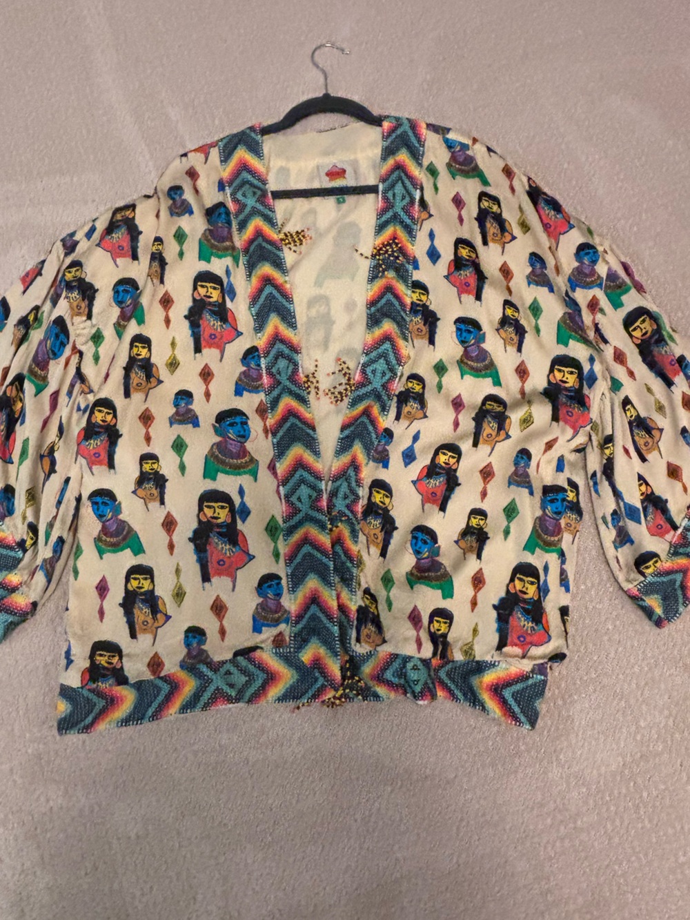 FARM Rio Rare Beaded Tassel Open Front Kimono Jacket Tribal Portrait Print Small
